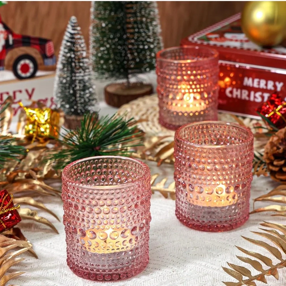 3 Vintage inspired Pink Glass Candle Holders‎
